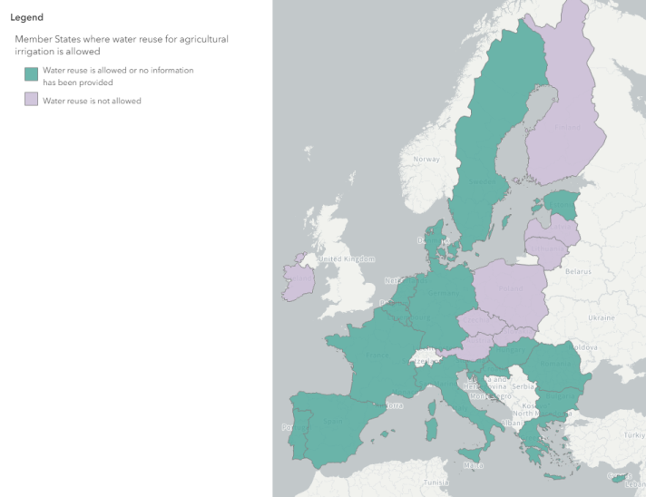 A map of Europe indicating the countries where water reuse is allowed and where it is not