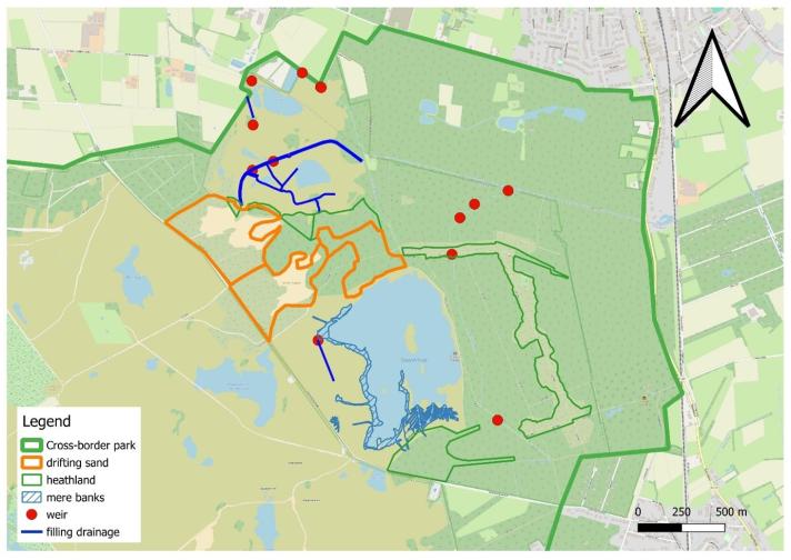 Spatial extend of the nature restoration measures, positively contributing to the water cycle, executed at the Cross-border park over the course of a decade