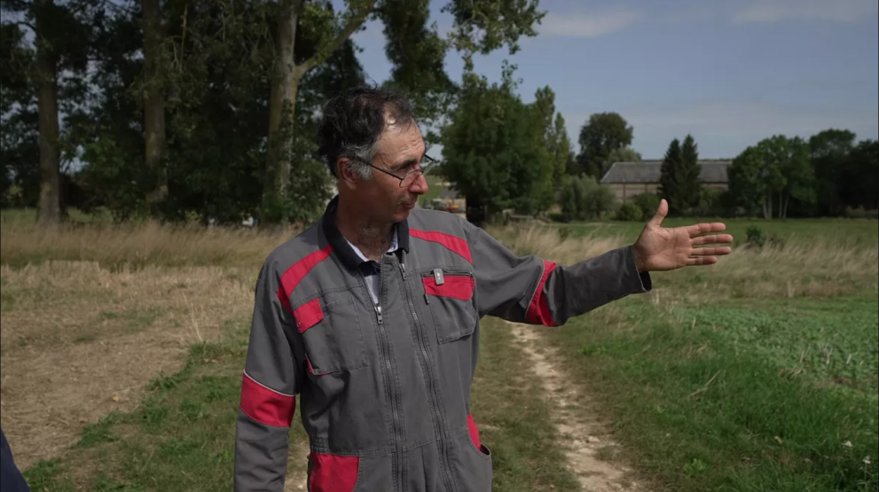 Man in work overalls in a green field with trees in the background.