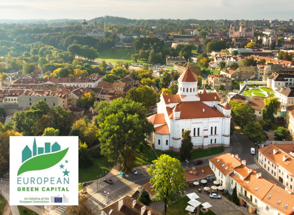 Cityscape of Vilnius with European Green Capital logo