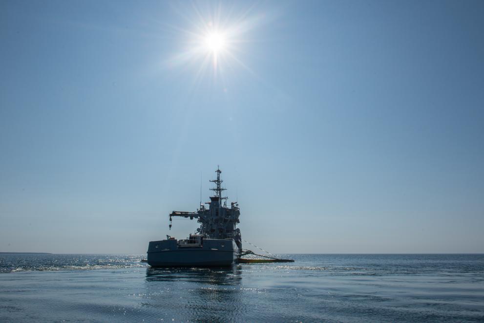 A ship cleans pollution in the Baltic Sea