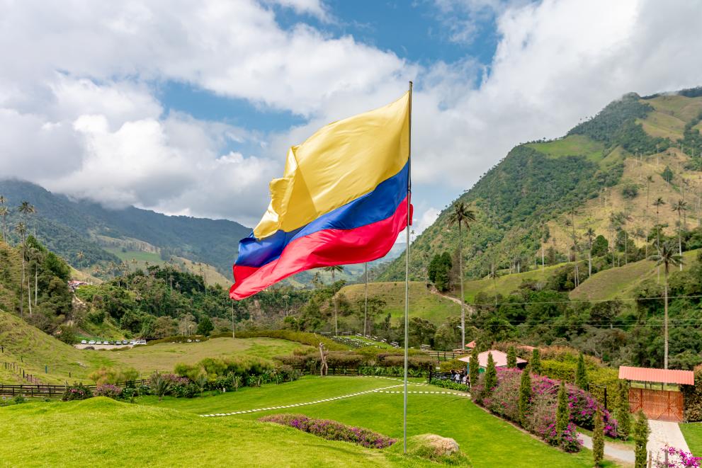 The Colombian flag flies in the middle of a beautiful green landscape